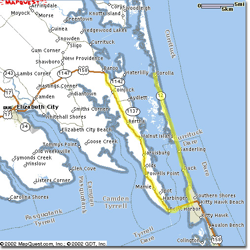 It is 20 miles north of Kitty Hawk To Corolla.  Click on the Map for More information on How to Find SmileAway!